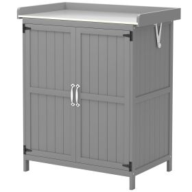 Outsunny Outdoor Storage Cabinet, Garden Tool Shed with Metal Tabletop and Shelf, Wooden Potting Bench with 2 Doors, Gray